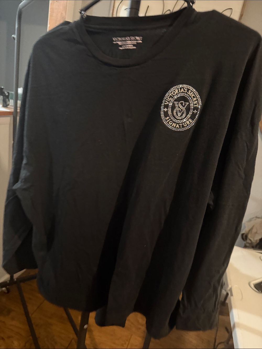 Victoria's Secret Signature Black Long-Sleeve Tee with Rhinestone Emblem